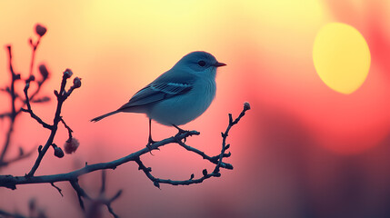 Fototapeta premium A lone bird perched on a charred branch, silhouetted against a pastel-colored sky