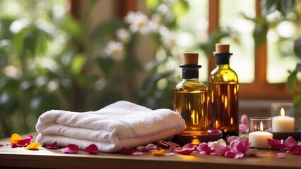 A serene spa setting featuring neatly folded towels
