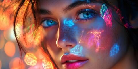 Obraz premium Woman showing colorful polygonal shapes projected on her face