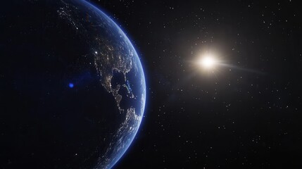 Earth from space with glowing sun and starry background