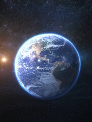 Fototapeta premium Stunning view of earth from space with sunlight and stars