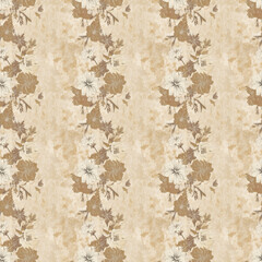 Seamless floral pattern with soft beige and brown tones, featuring delicate flowers and a textured background.