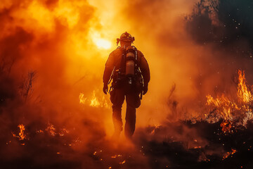 A lone firefighter walking through a smoldering forest, carrying equipment and silhouetted by hazy sunlight