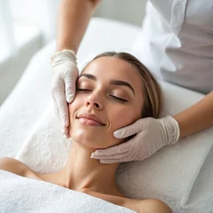 Papier peint photo intissé Woman getting facial massage in spa. Beautician hands touch face for skin treatment, skincare, wellness. Day spa anti-aging rejuvenation cosmetic procedure for relaxation, beauty. Headshot of lady on