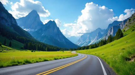 Naklejka premium Asphalt ribbon unwinding through a verdant valley, embraced by majestic mountain peaks under a vibrant sky