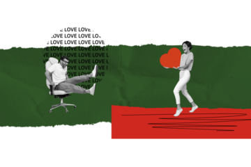 Horizontal funny photo collage of excited girl carry big heart for her lover man sit on chair shocked impressed valentine day greeting