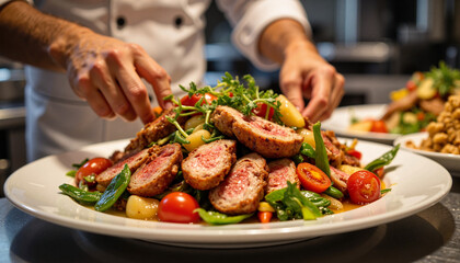Chef preparing gourmet salad with sliced meat. chef's dish, barbecue, farm