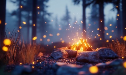 Obraz premium Campfire in misty forest at dusk with fireflies, ideal for cozy nature scenes