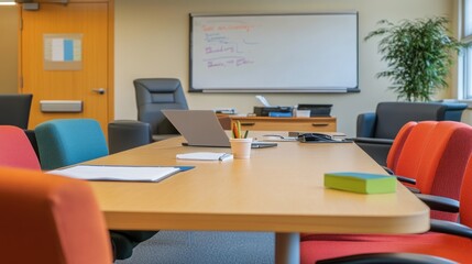 Modern office conference room prepared for meeting, whiteboard notes, plants