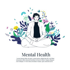 Mental health concept with meditates man. Young man doing breathing exercise, takes care of her mental well-being. Awareness, mindfulness and No stress. For flyer, banner, social media post, ads
