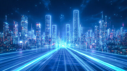 A futuristic cityscape at night, illuminated by blue neon lights and light streaks representing fast data transfer between buildings