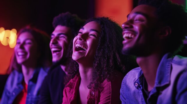 Gen Z friends attending a live comedy show, laughing and enjoying the performance. Featuring humor and entertainment