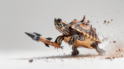 Cute turtle riding rocket studio shot , Fantasy funny animal concept .