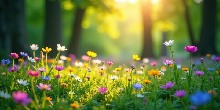 Vibrant wildflowers bathed in the golden light of a sunlit meadow, a tranquil scene of blossoming flowers in a verdant forest