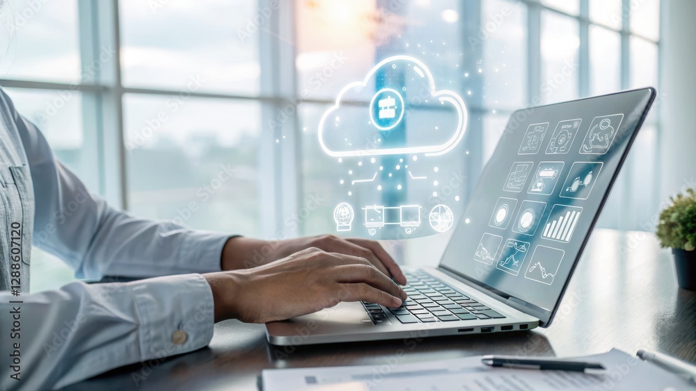 Poster cloud computing and data storage: a professional utilizes a laptop to work with the digital cloud, v