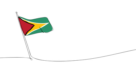 A simple continuous one-line digital drawing of the Guyana national flag, featuring green, red, yellow, black, and white colors on a white background.