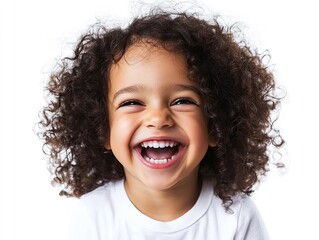 Joyful mixed-race child with curly hair laughing brightly in a realistic portrait isolated on white background. Expressive and cheerful mood.