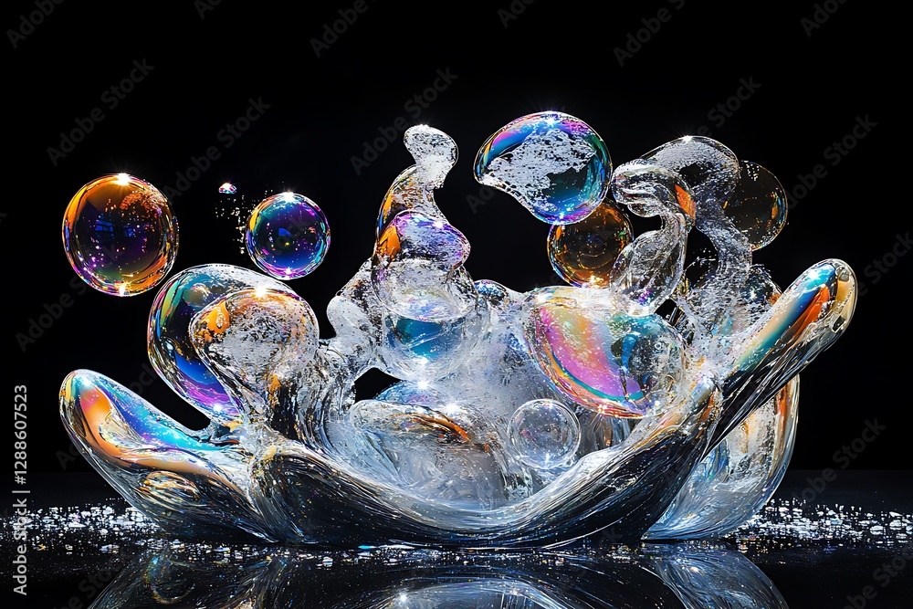 Poster iridescent soap bubbles splash on black background.