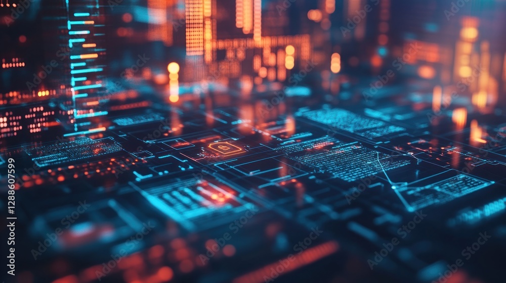 Poster futuristic digital cityscape with glowing circuits and data streams in a tech environment