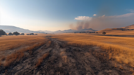 Fototapeta premium A panoramic view of a burnt valley, with patches of untouched greenery beginning to reclaim the landscape