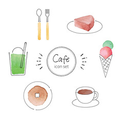 水彩と線画のシンプルなカフェアイコンイラストセット（ベクター）