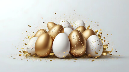 Easter greeting card template. Vector holiday illustration with golden 3d lettering, falling decorative eggs and golden confetti. Easter decoration for decoration posters