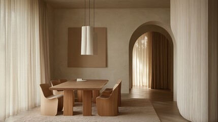 Modern dining room, arched hallway, sunlight, minimalist design, home decor