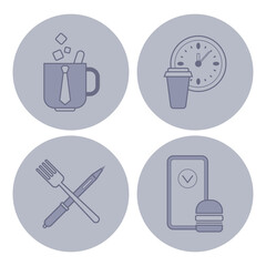 Icons of diverse meal experiences including beverages, timing, utensils, and digital interactions. Contemporary dining habits concept