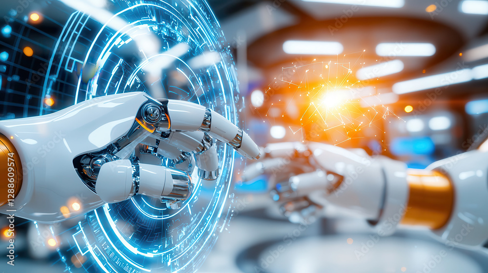 Aufkleber futuristic engineering lab with robotic arms and holographic interfaces, showcasing advanced technol