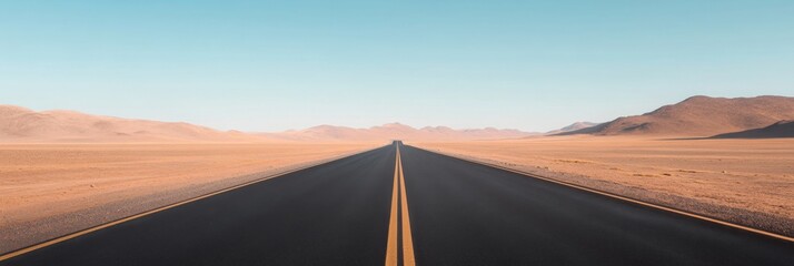 Endless desert highway stretching into distant horizon under clear blue sky