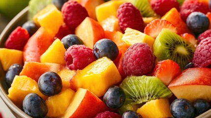 Obraz premium Fresh fruit salad bowl kitchen closeup vibrant background