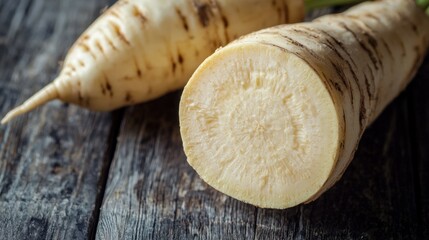 Freshly Cut Parsnip on Rustic Wooden Table Surface for Healthy Cooking