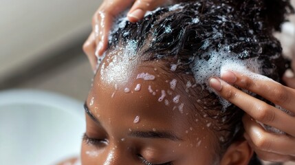 Scalp Care: Woman with Curly Hair and Foamy Shampoo