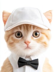 Adorable kitten wearing a tuxedo and cap, perfect for charming photoshoots.