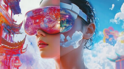 Fototapeta premium Innovative virtual reality experience futuristic city digital art bright environment close-up view technology revolution