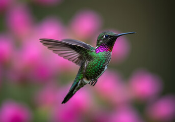 Fototapeta premium Iridescent hummingbird hovers in mid air against blurred pink flowers