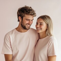 Fototapeta premium Joyful couple embracing studio setting portrait photography soft colors eye-level perspective love and connection