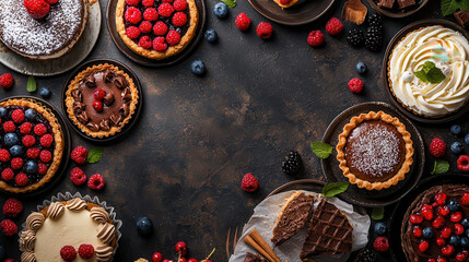 top down view of luxurious dessert spread featuring various cakes and tarts adorned with fresh berries and chocolate, creating inviting and indulgent atmosphere