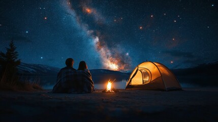 couple gazing at stars from cozy mountaintop tent with campfire glowing nearby