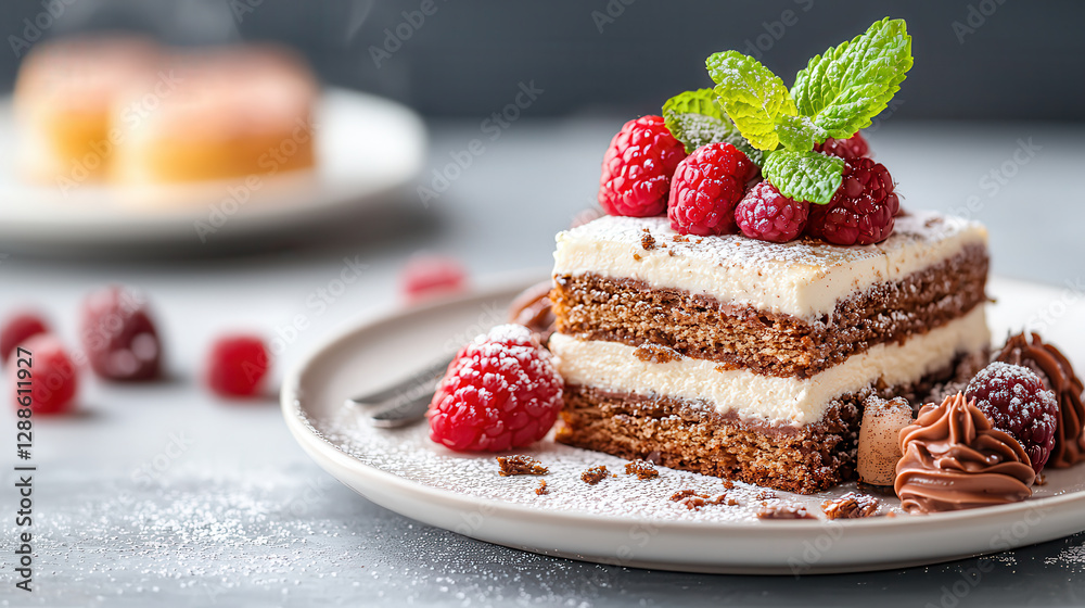 Poster delicious slice of layered cake topped with fresh raspberries and mint leaves, dusted with powdered 