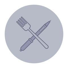 Icon of fork and pen crossed over each other, symbolizing relationship between food and writing. Culinary creativity and food documentation concept