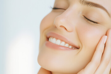 Fototapeta premium Young woman with smooth, radiant skin smiling with her eyes closed. Her hand gently touches her face, emphasizing a sense of relaxation, beauty, and skincare