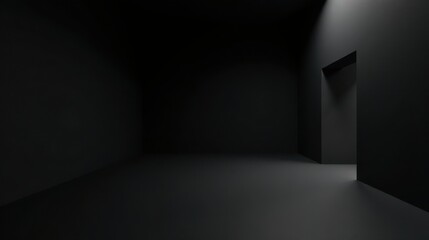 A dimly lit, minimalist room featuring a single doorway, offering a sense of mystery and anticipation