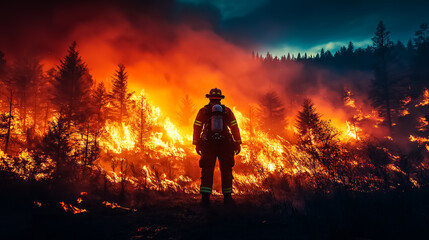Obraz premium A single firefighter standing at the edge of a wildfire, surveying the flames as they consume the forest ahead