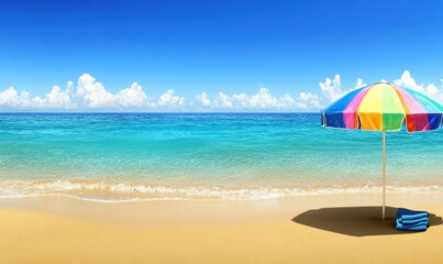 Colorful beach umbrella on sandy shore, turquoise ocean, sunny sky
