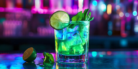 Modern cocktail drink photography, trendy bar scene, refreshing lime mojito drink, neon light cocktail art, vibrant pub decor
