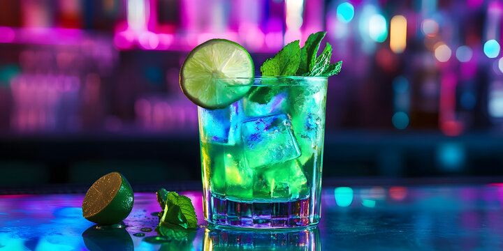 Modern cocktail drink photography, trendy bar scene, refreshing lime mojito drink, neon light cocktail art, vibrant pub decor