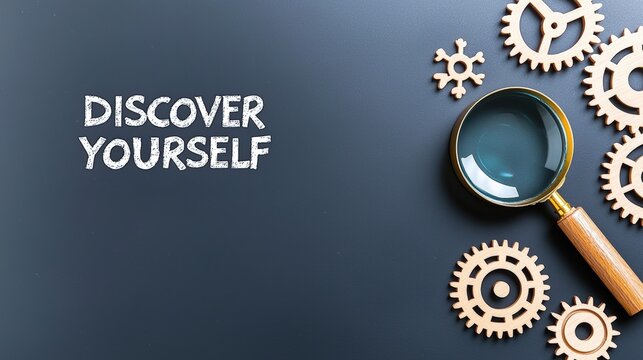 A magnifying glass and wooden gears accompany the phrase "Discover Yourself" on a dark background, symbolizing self-exploration and personal growth. goal of life achievement learning. success,