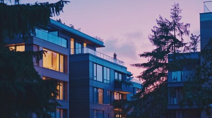 Obraz premium Twilight apartments, city, illuminated windows, trees, real estate