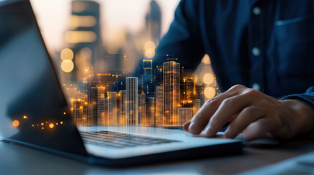 person is working on laptop with digital hologram of city skyline, symbolizing innovation and technology in urban planning. scene is set against blurred cityscape background